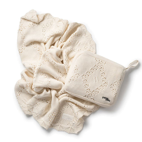 Petite Belle Ivory Diamond Crochet Knit Blanket and Pouch Set