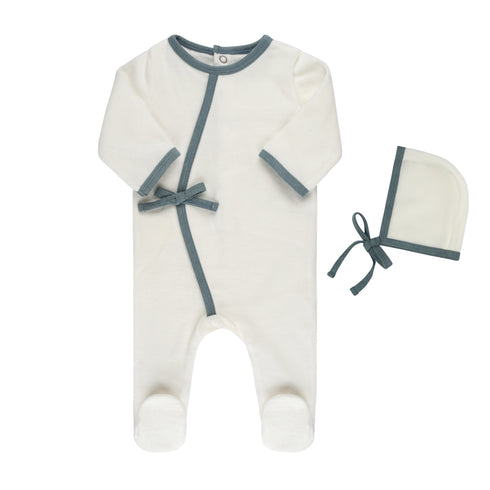 Tricot Bebe Suede Trimmed Kimono Footie and Bonnet